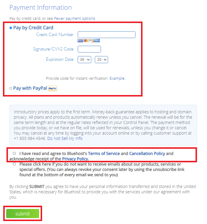 Bluehost-payment-information